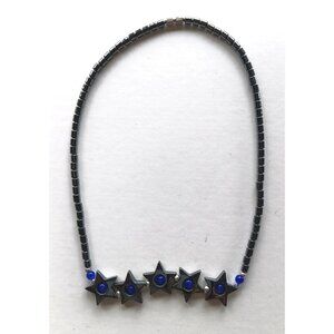 Hematite Star Necklace With Blue Accents - Magnetic Clasp - Unisex Jewelry
